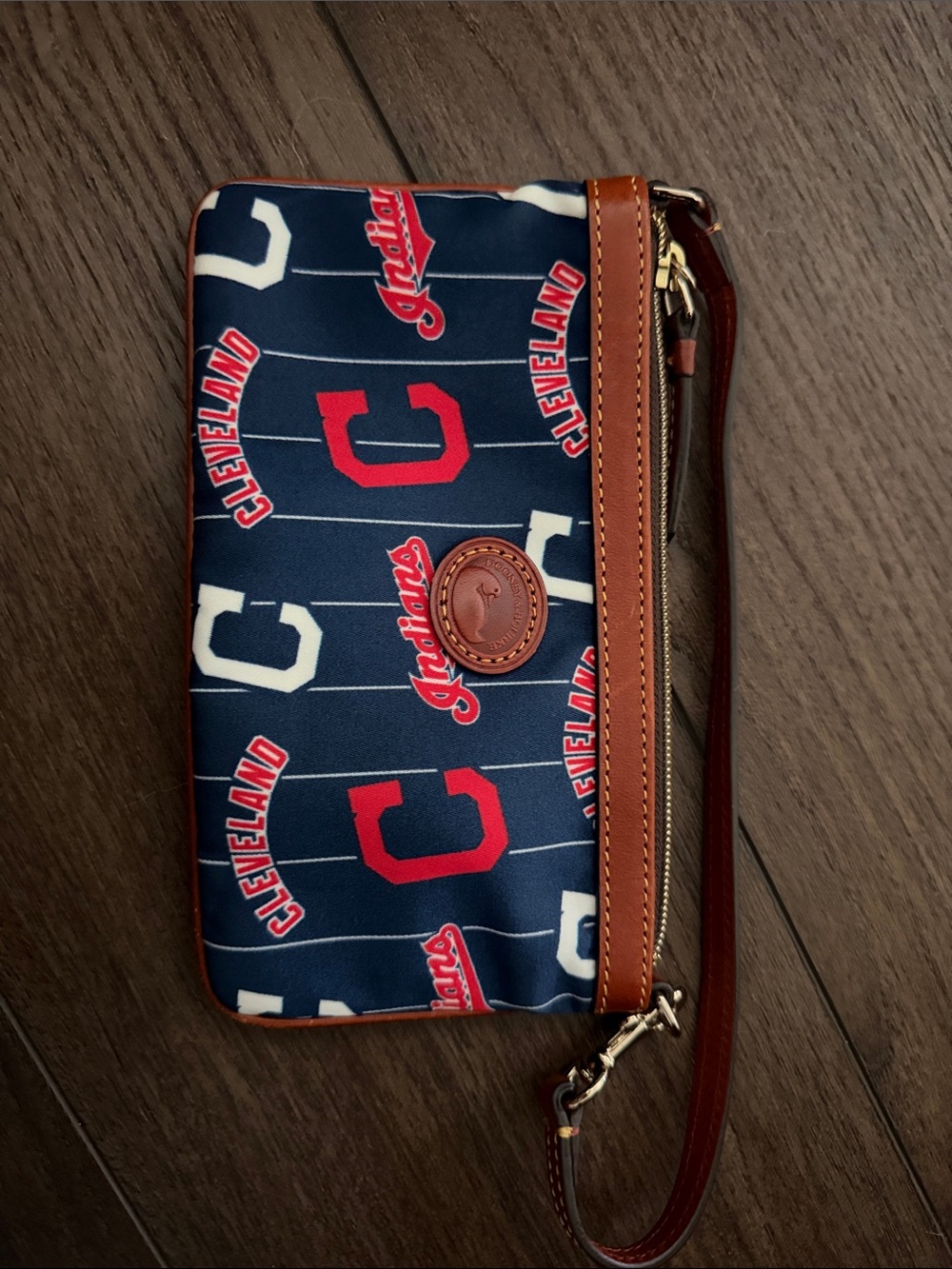 Dooney & Bourke Navy Red White Cleveland Logo Wristlet with Brown Trim